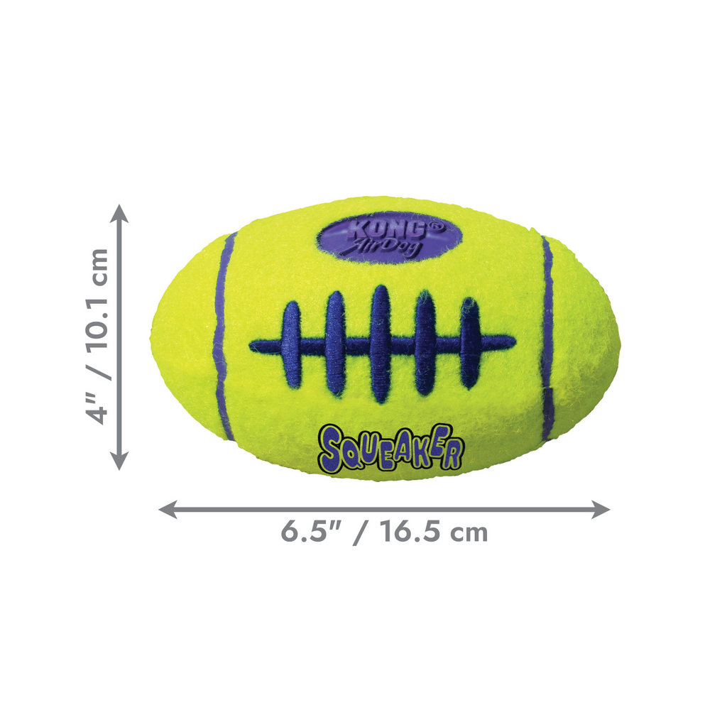 Yellow dog toy resembling a football with blue stitching, dimensions indicated, on a white background