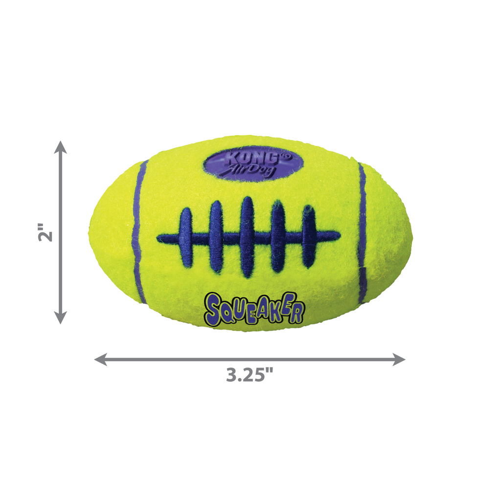 Yellow KONG Air Squeaker football toy with dimensions on a white background