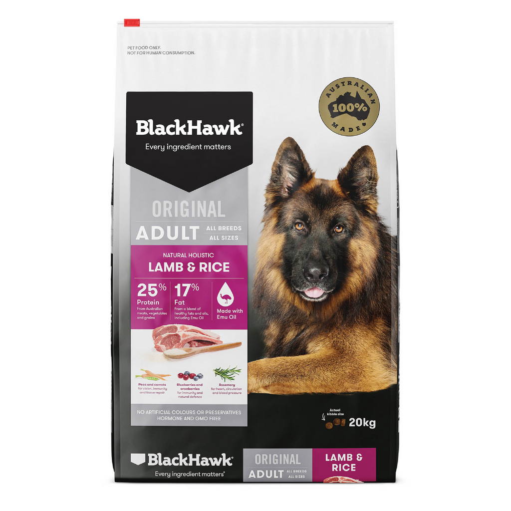 BlackHawk dog food package with a German Shepherd on a white background
