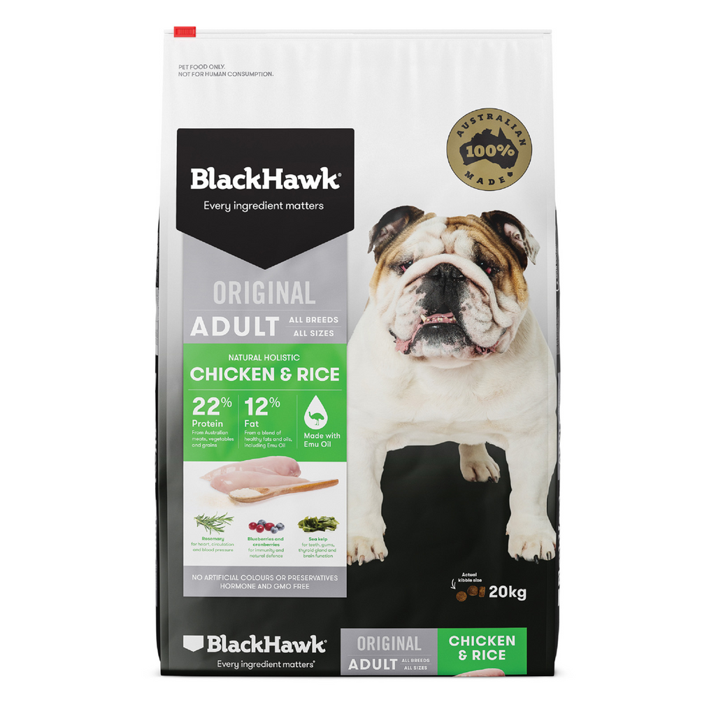 BlackHawk dog food package with a bulldog on the label