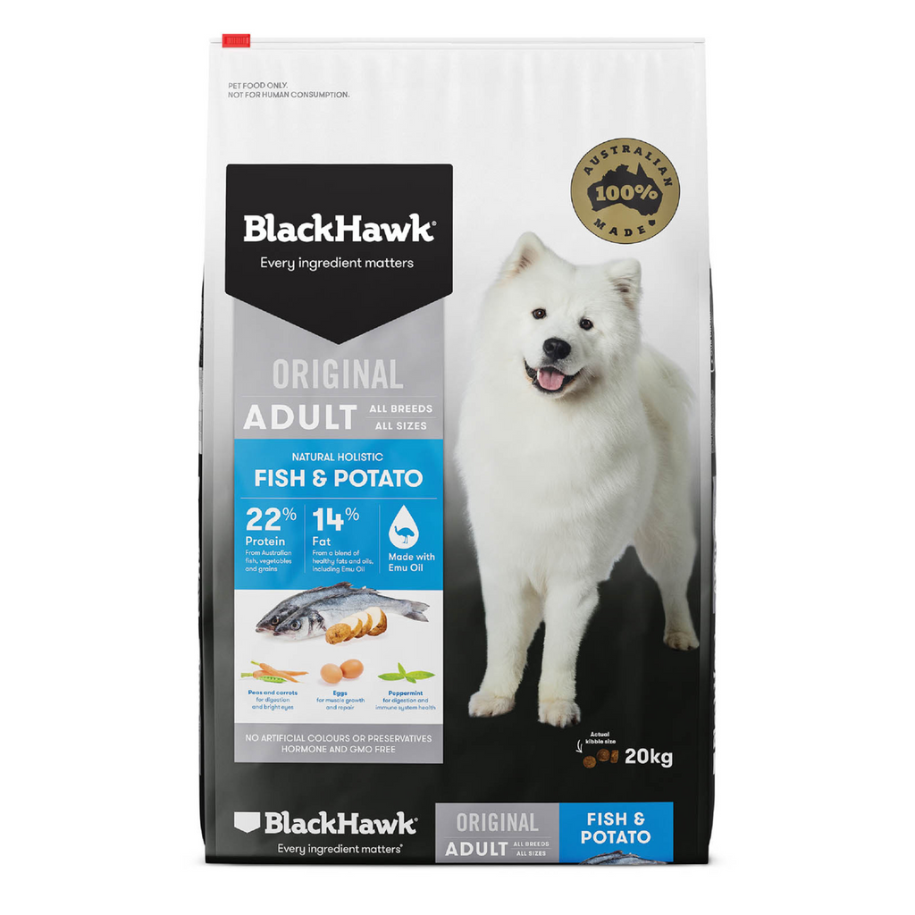 BlackHawk dog food package with a white dog on a gray background