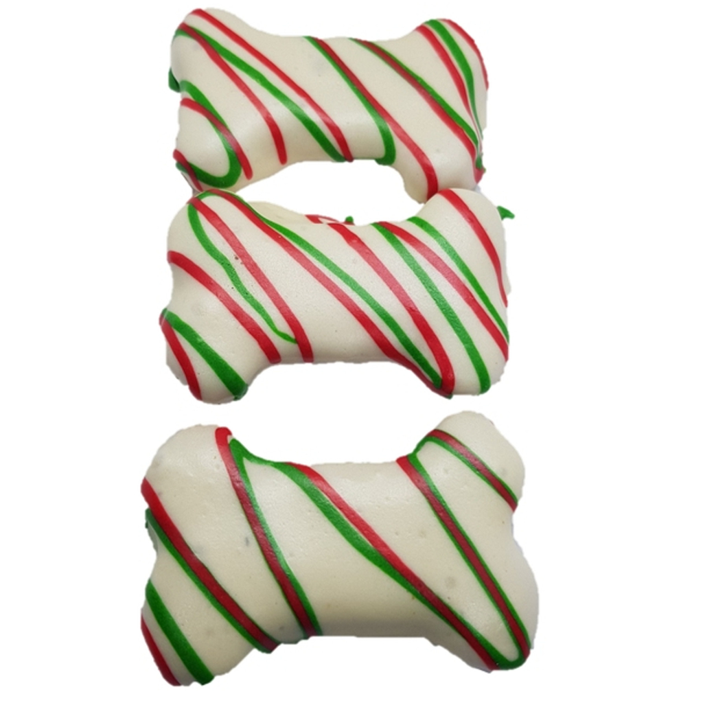 Three candy cane-shaped cookies with red and green stripes on a white background