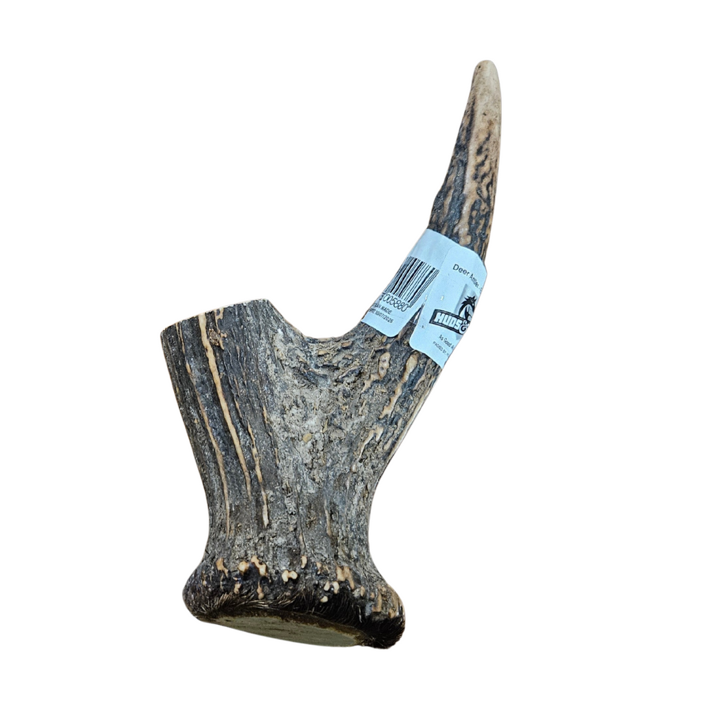 Deer antler chew treat with a blue label on a white background