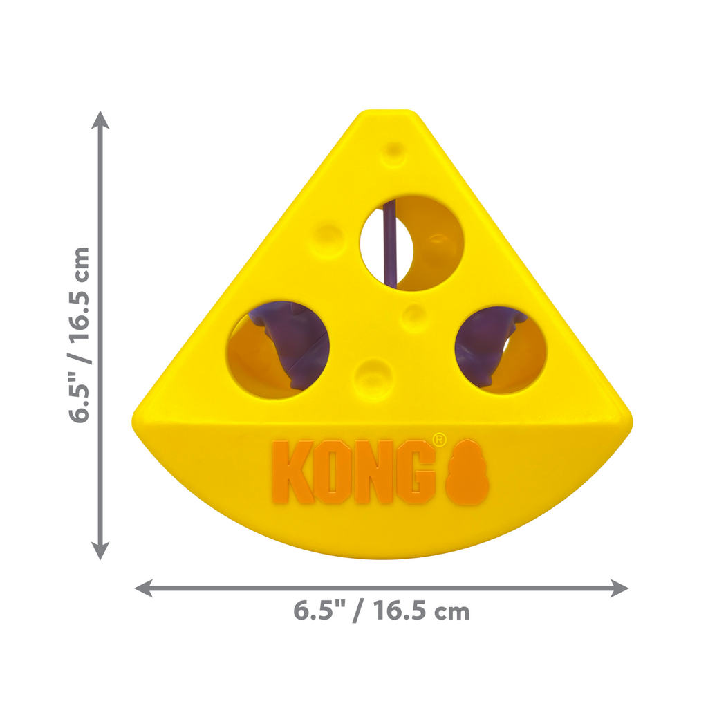 Yellow KONG dog toy with dimensions on a white background