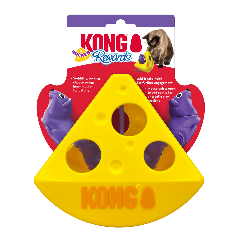 Yellow KONG Rewards dog toy with purple mice on a white background
