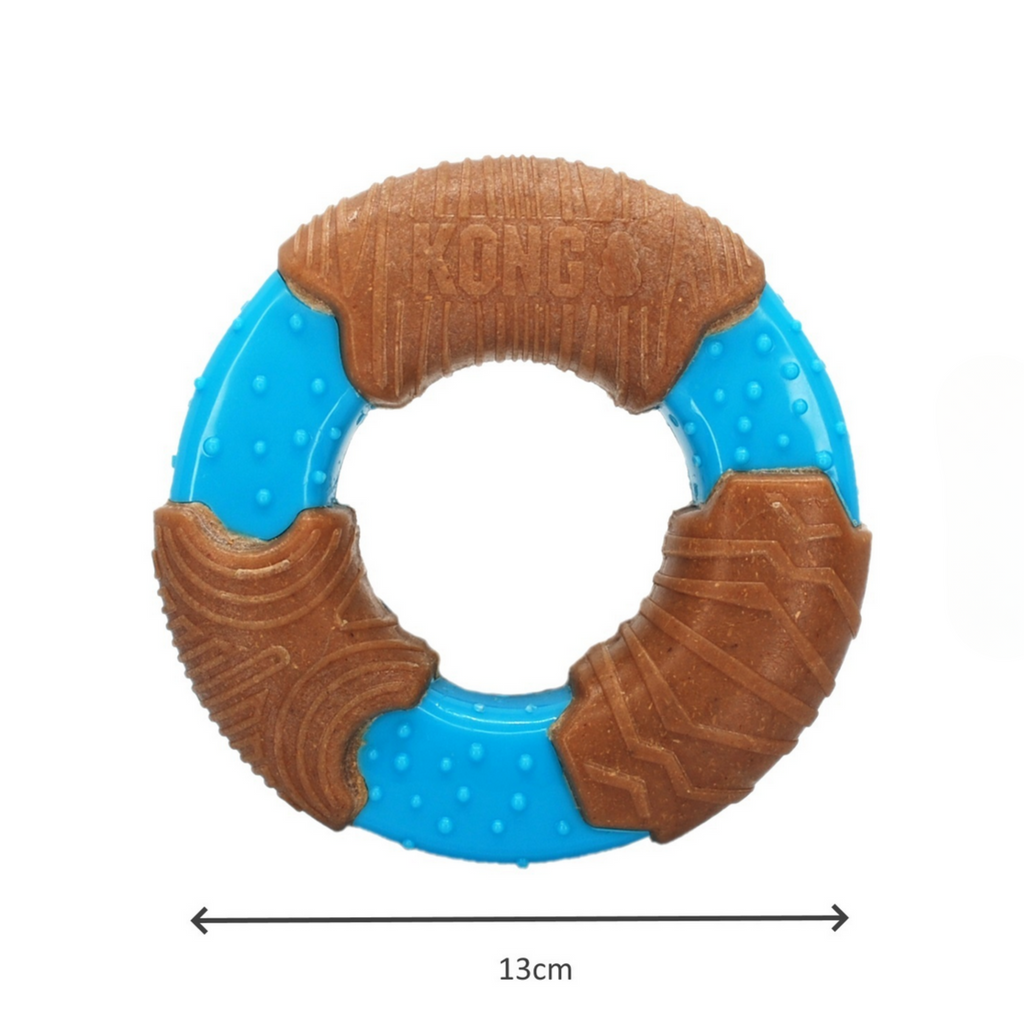 Blue and brown textured ring toy with measurement label on a white background
