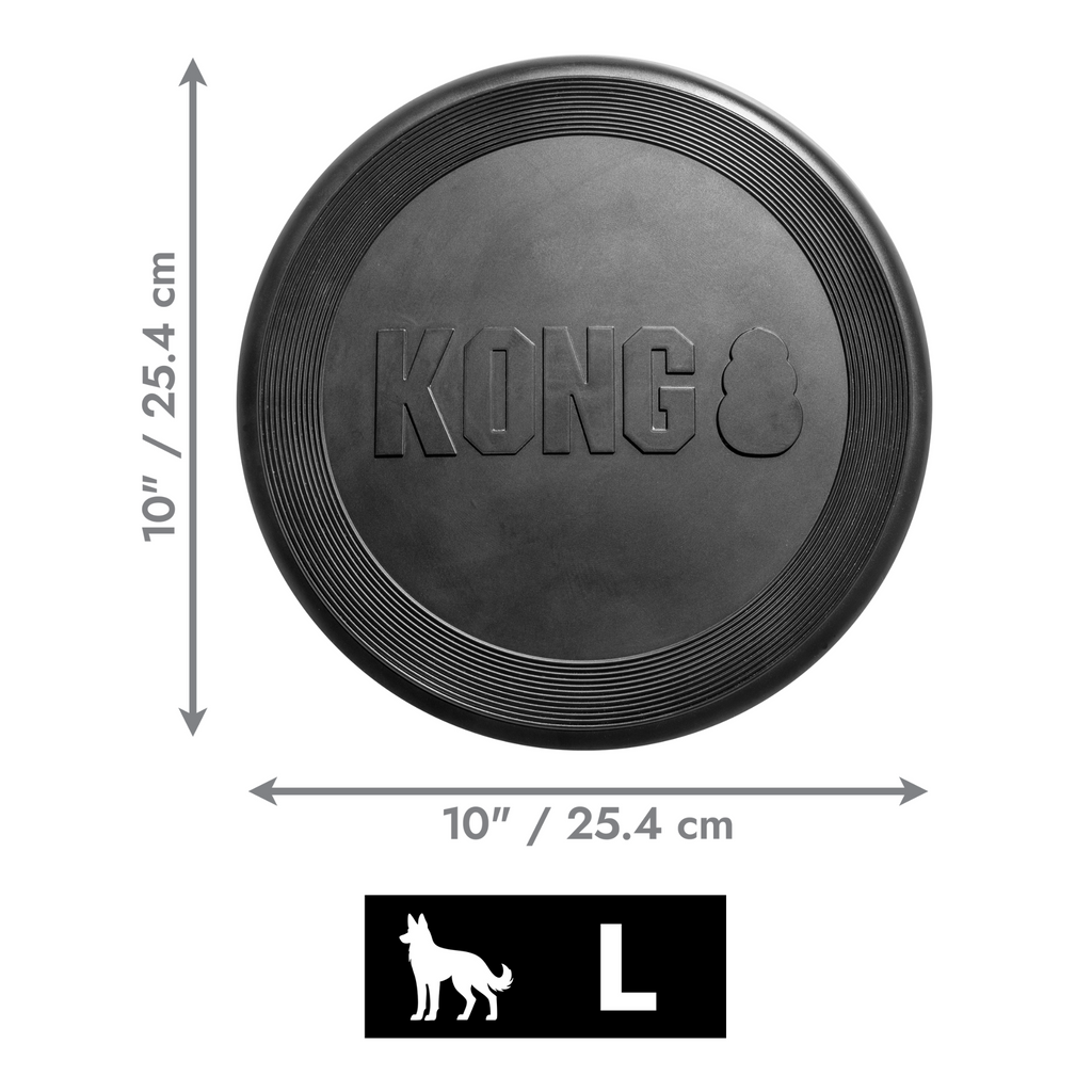 Black KONG frisbee with dimensions and size label on a white background