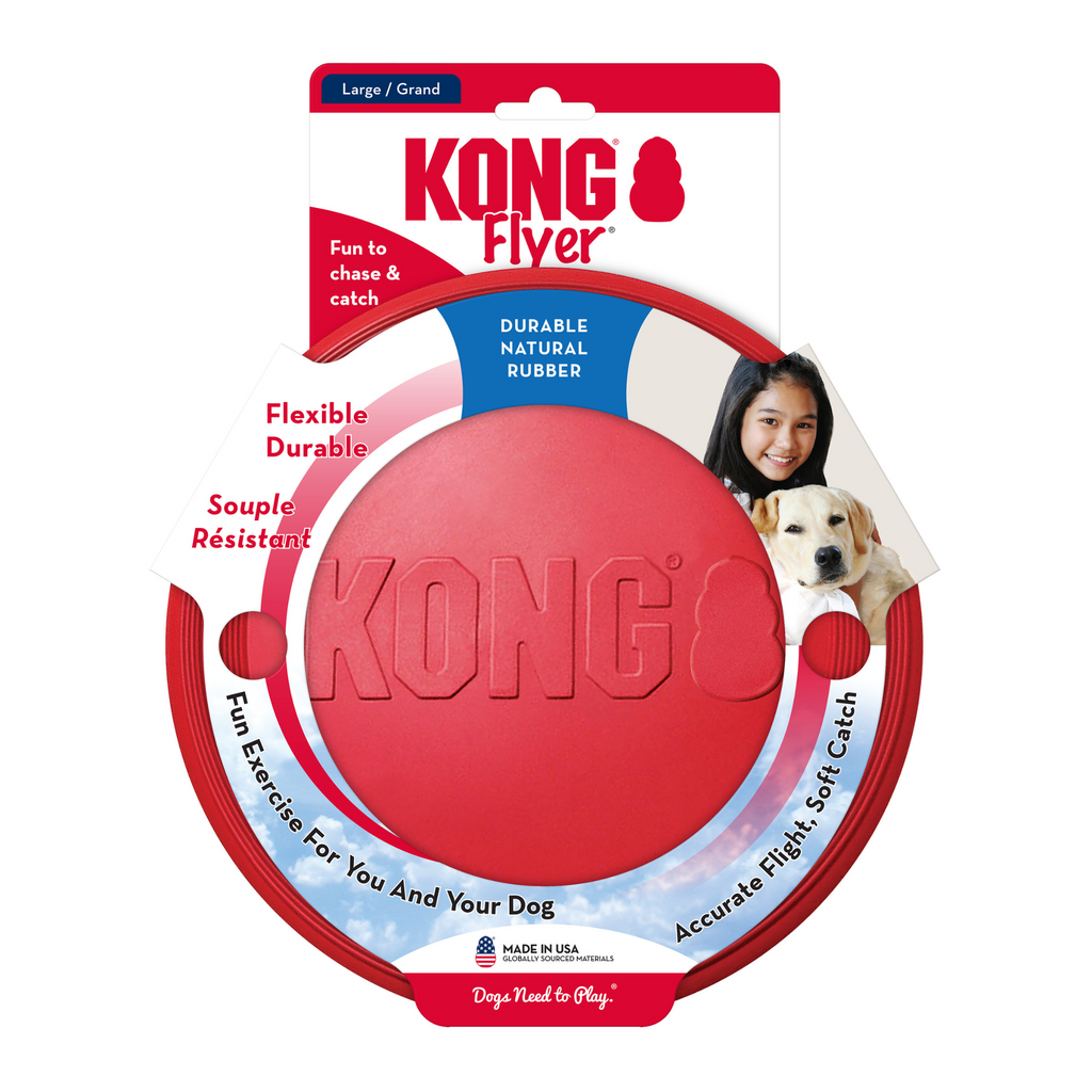 KONG Flyer dog toy packaging with red disc and white background