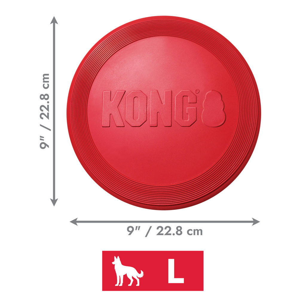 Red KONG dog toy with dimensions on a white background