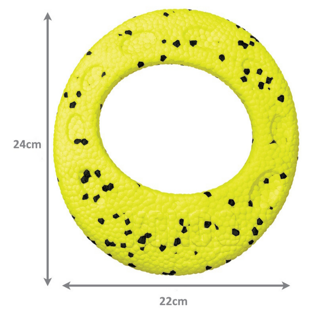 Yellow rubber ring with black specks and measurements on a white background