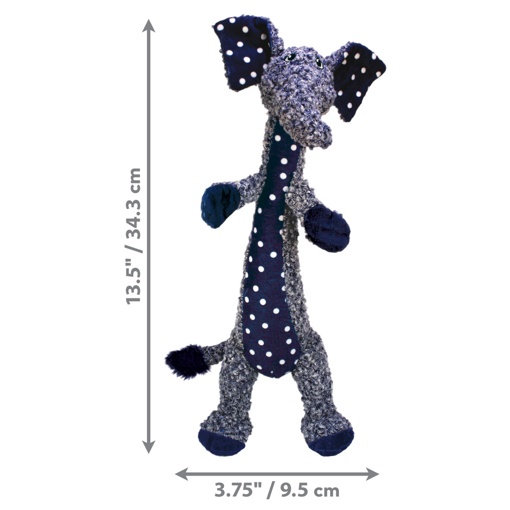Plush elephant toy with polka dot pattern and measurements on a white background