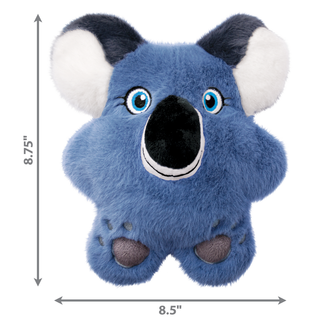 Blue plush toy with measurements on a white background
