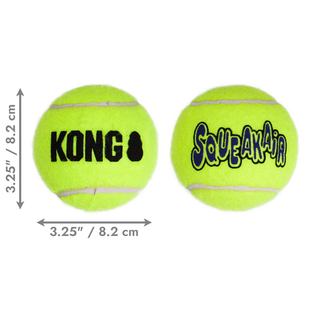 Two KONG SqueakAir tennis balls with dimensions on a white background