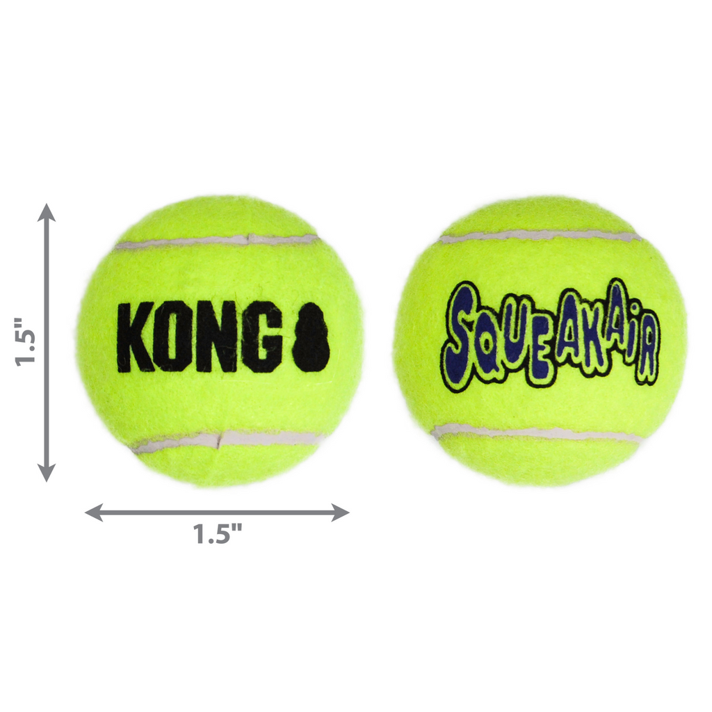 Two yellow KONG SqueakAir tennis balls with dimensions indicated on a white background