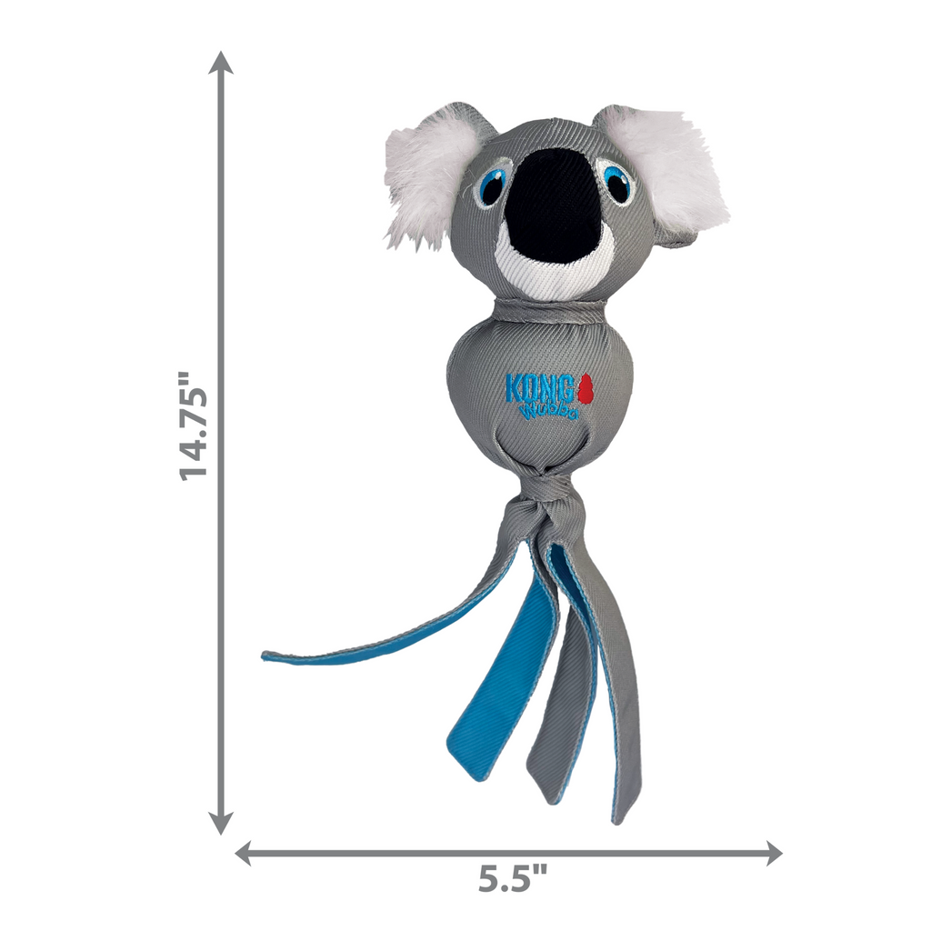 Gray koala-shaped toy with blue accents and dimensions on a white background