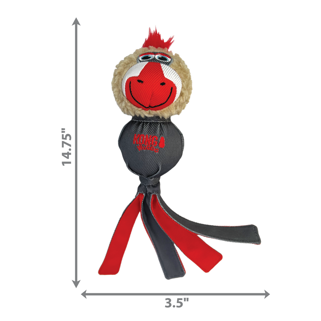 Dog toy with a smiling face and dimensions on a white background