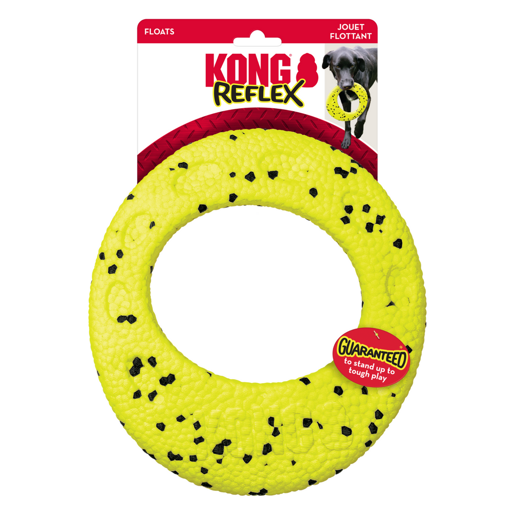 Yellow dog toy with black speckles on a white background, featuring KONG Reflex branding.