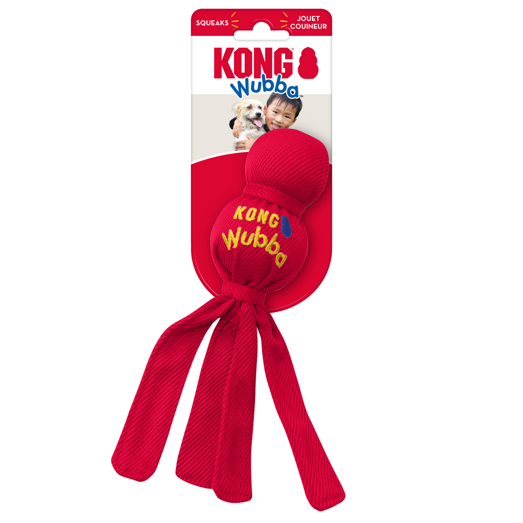 The KONG Wubba™ is a fun, interactive tug and toss toy that is great for interactive or solo play. It's long floppy tails are ideal for shaking and tugging instincts as well as games of fetch.