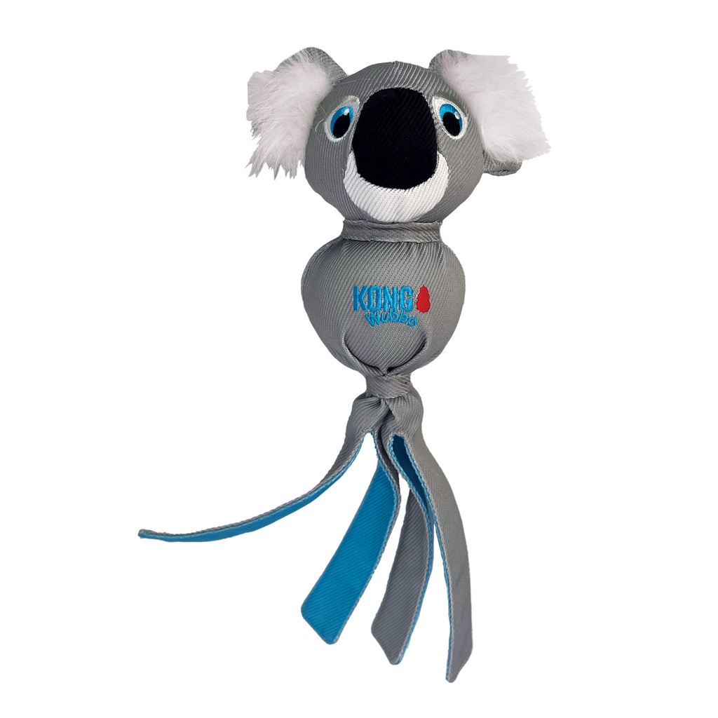 Gray koala-shaped toy with blue accents on a white background