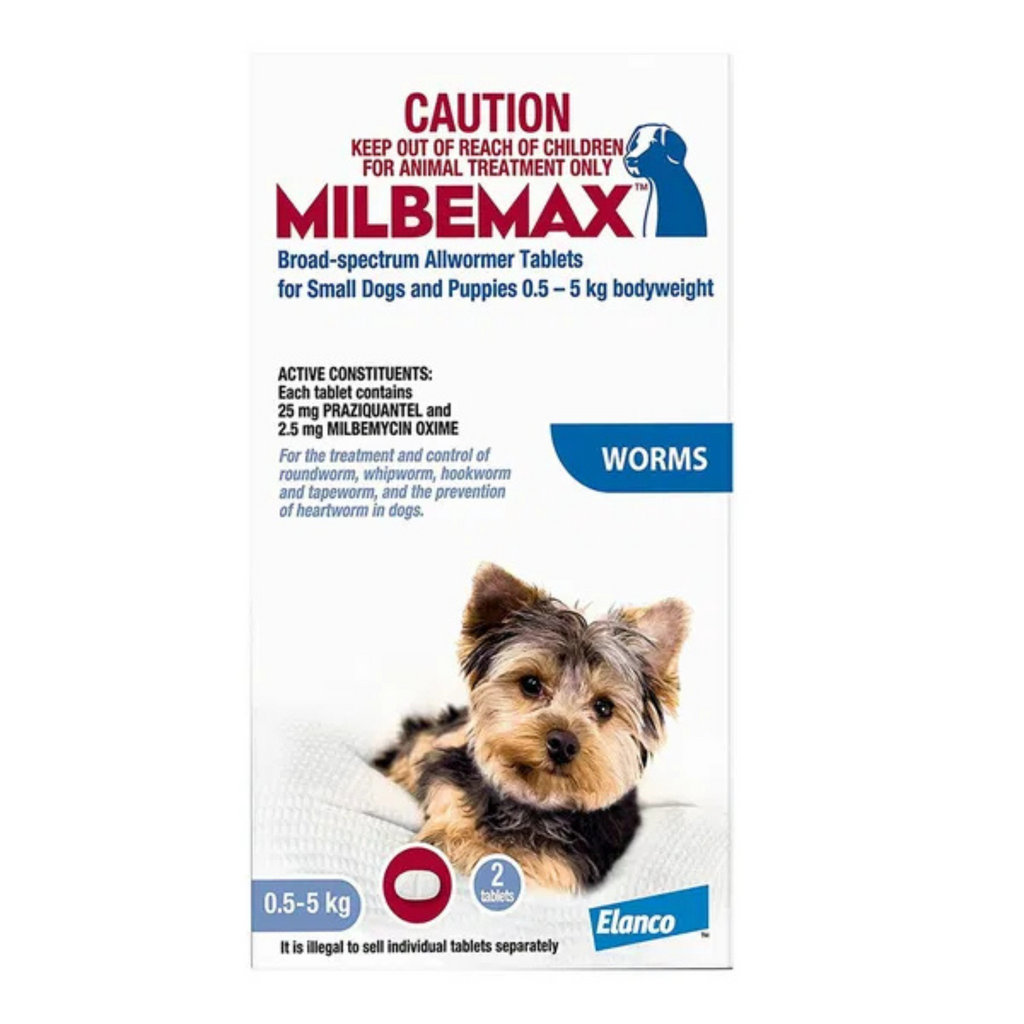 Milbemax for small dogs packaging with a dog illustration and text.