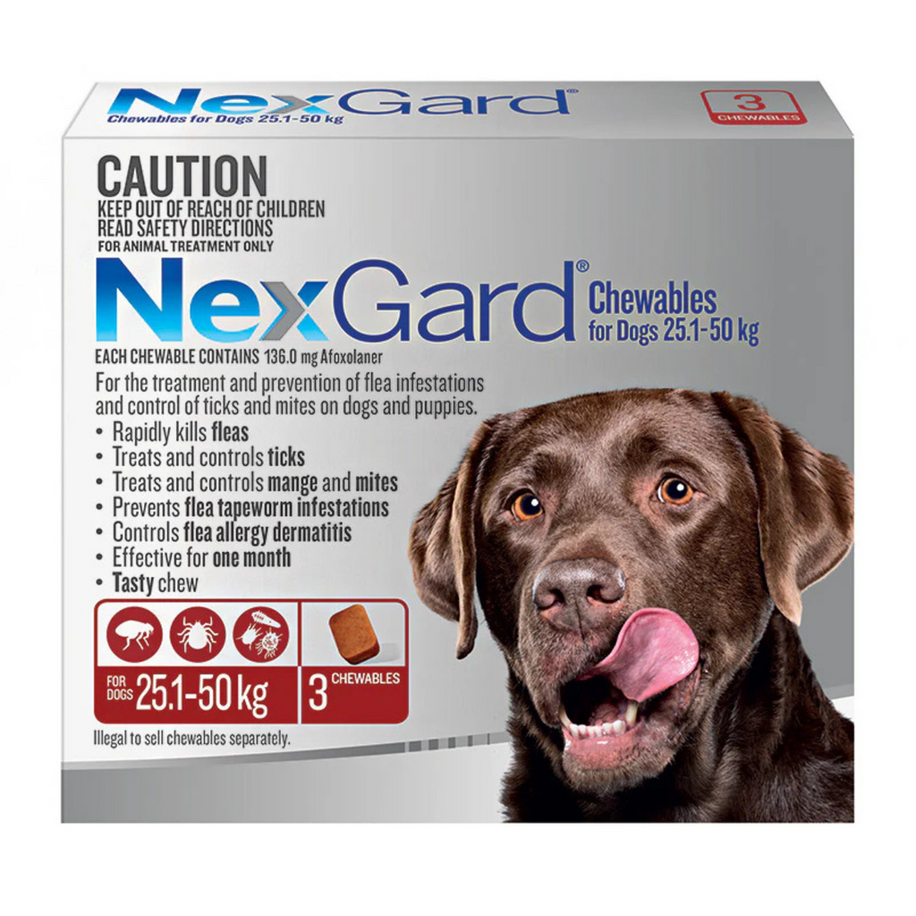 NexGard chewables packaging for dogs with a brown dog on the box.