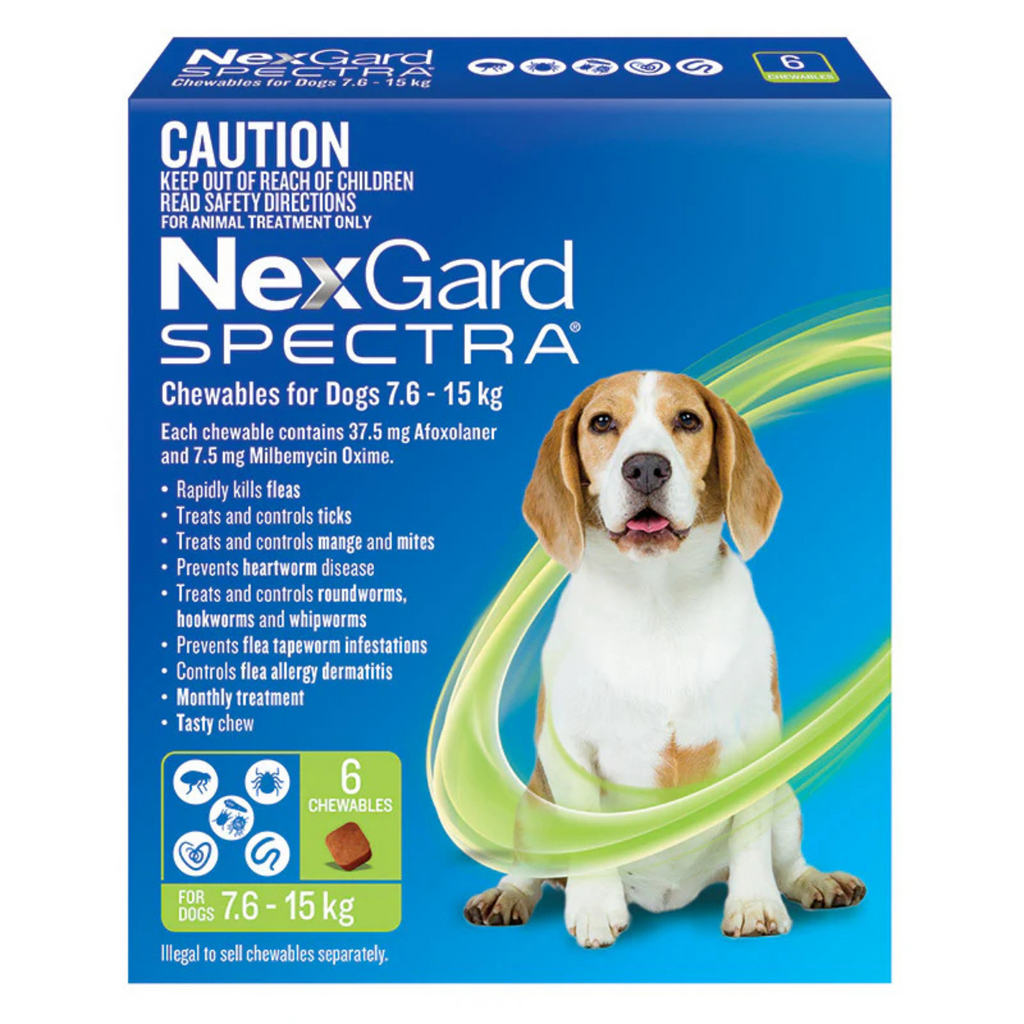 Packaging of Nexgard Spectra, a beef-flavored chewable tablet for dogs weighing 7.6-15kg, with a picture of a dog on the front.