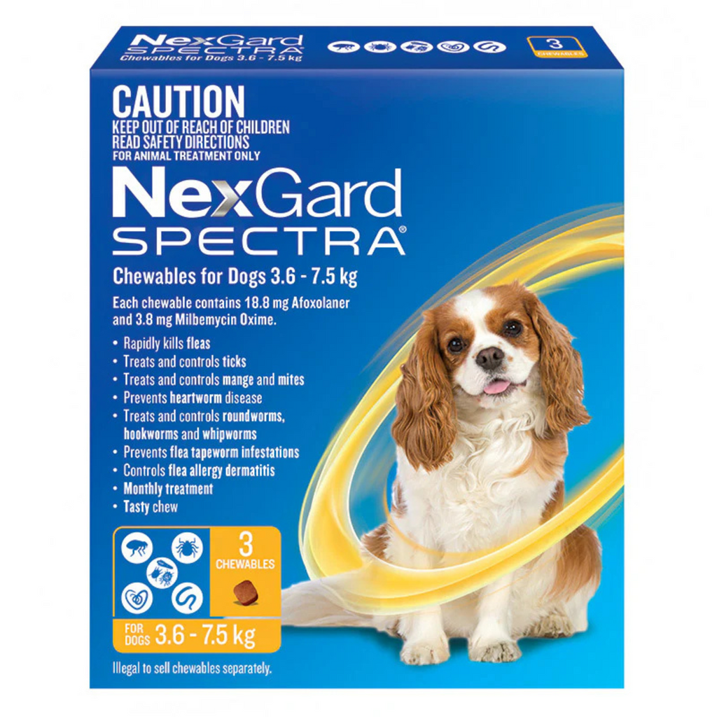 NexGard Spectra packaging for dogs with a blue background and a dog illustration.