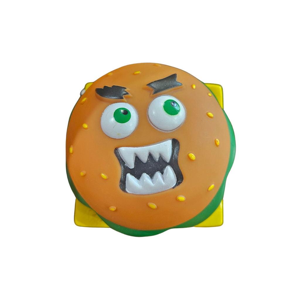 Toy figure of a angry face on a burger