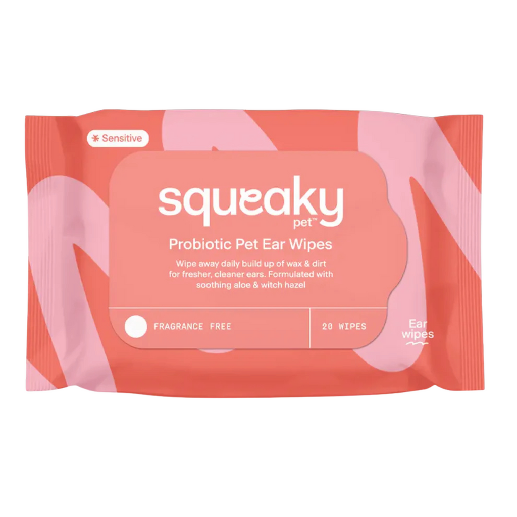 Package of Squeaky Pet Probiotic Ear Wipes on a white background
