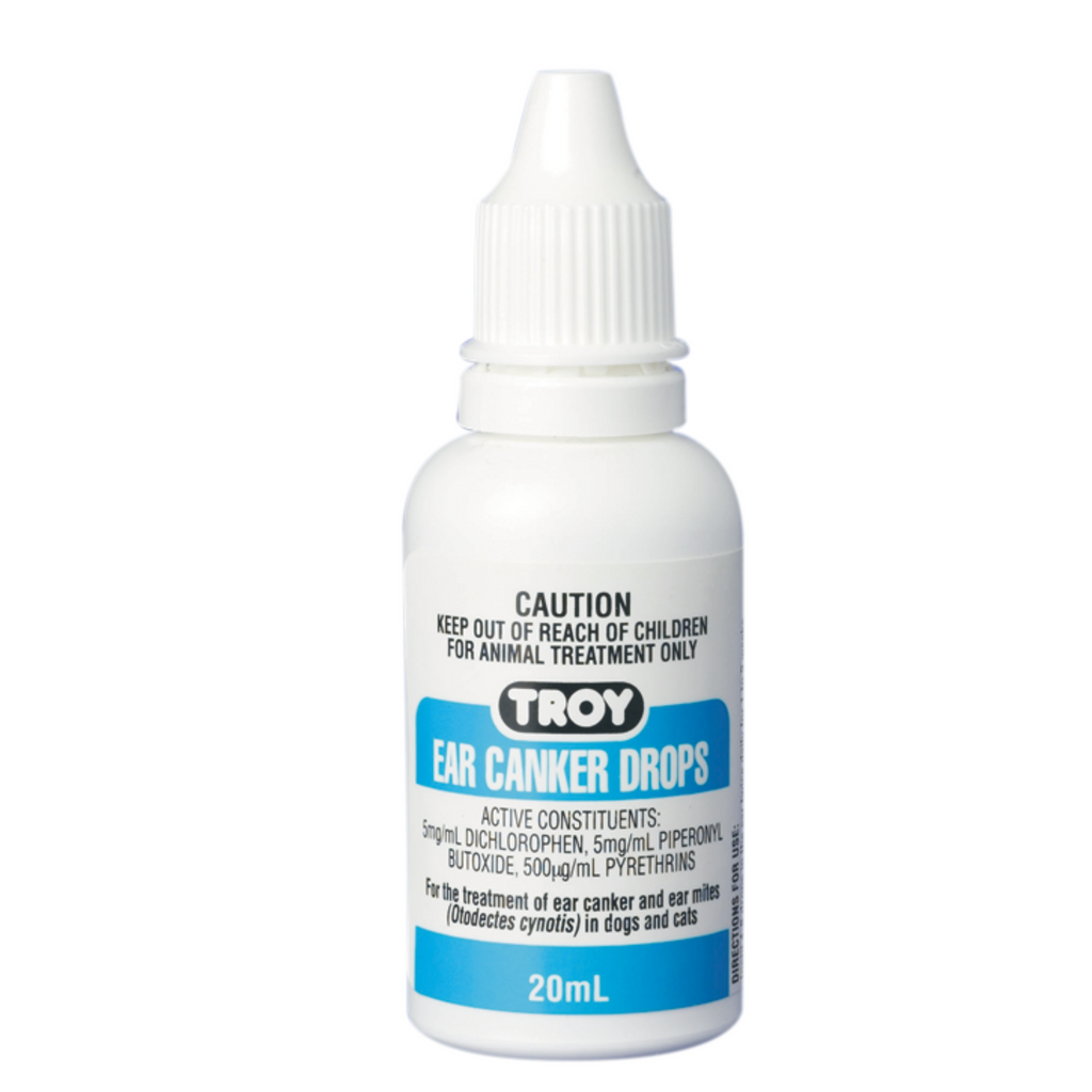 Bottle of Troy Ear Canker Drops on a white background