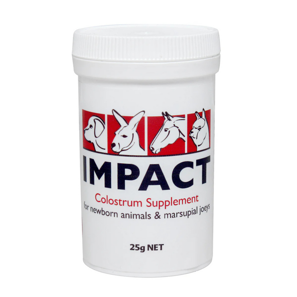 White container of Impact Colostrum Supplement with red and blue label on a white background