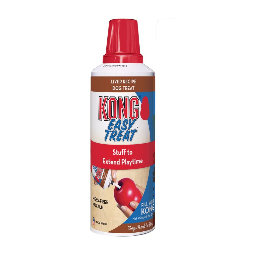 A bottle of KONG Easy Treat Liver dog treat with a red cap. The label shows a picture of a KONG toy and text describing the product as a stuffing solution for KONG Classic and rubber toys.